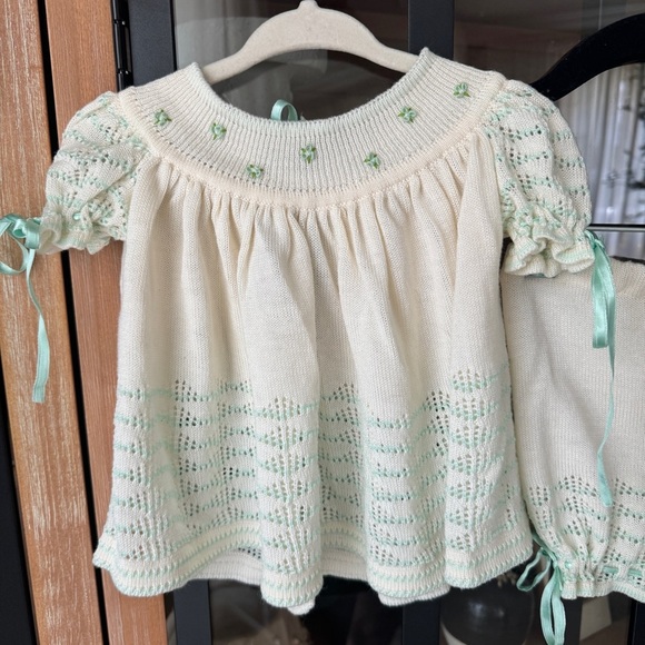 1970s Vintage Knit Set baby girl rosettes bow ribbon bloomers top Mint Venezuela - Picture 2 of 11